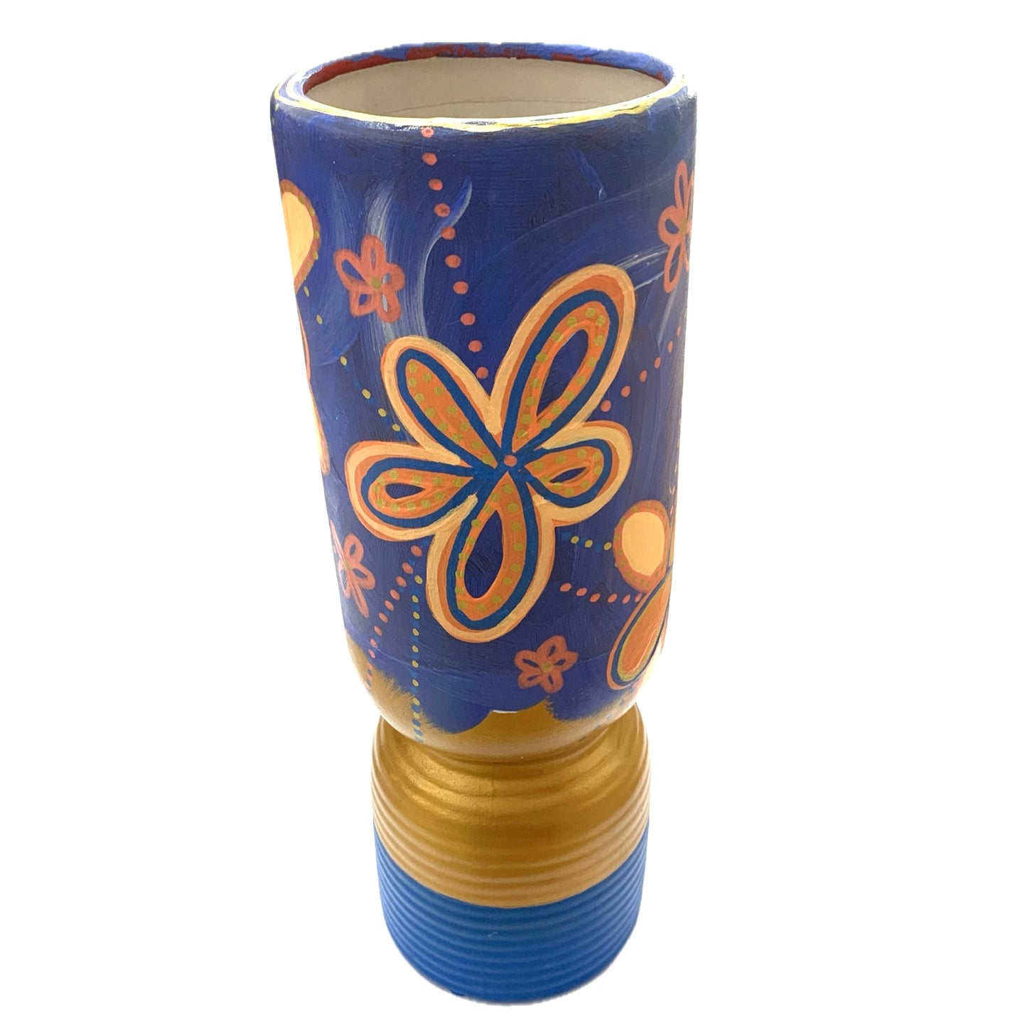 MAKIN' WHOOPEE - Large Cylinder Vase- Blue & Peach & Gold Flowers