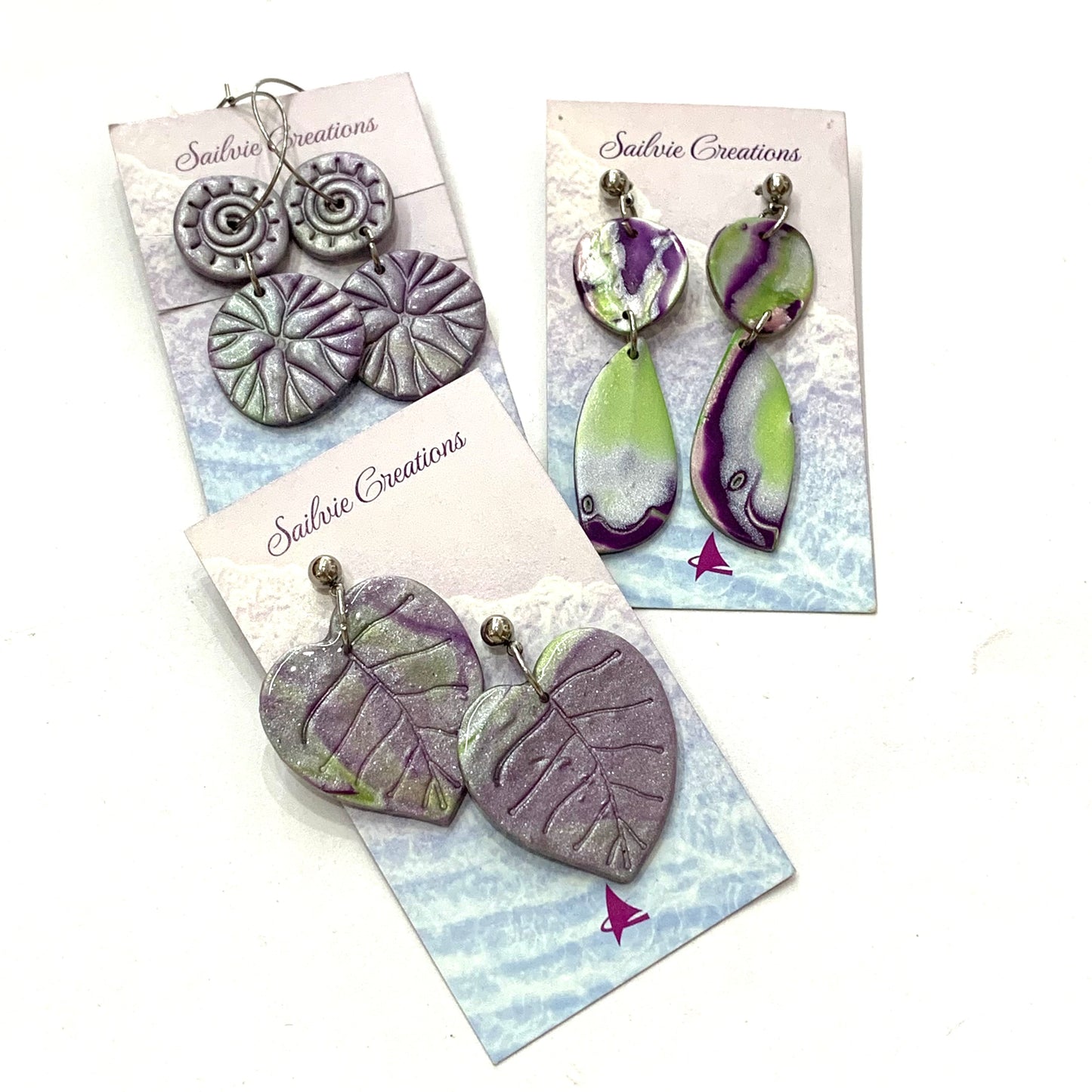 Sailvie Creations - Purple/Silver Leaf Ball Stud Dangle Earrings