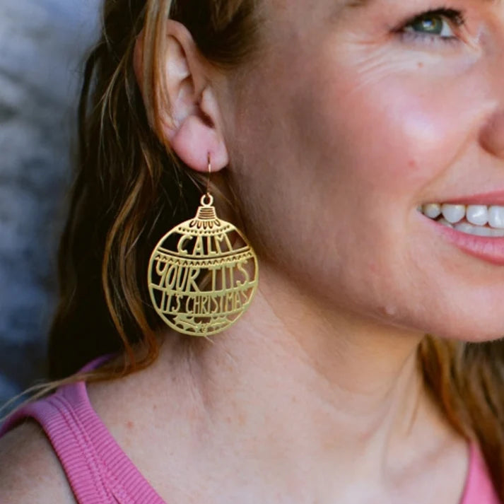 DENZ & CO- "Calm Your Tits It's Christmas" in Gold - DANGLE EARRINGS