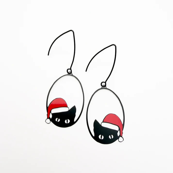 DENZ & CO- Christmas Cat in Black and Red - DANGLE EARRINGS