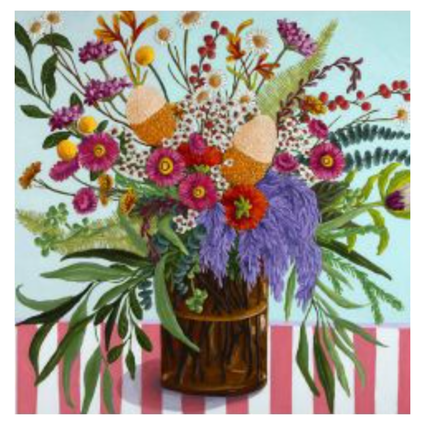 NUOVO - "Native Flowers in a Vase on a Pink Striped Table" by Kate Quinn - GREETING CARD