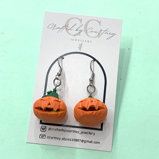 CRAFTED BY COURTNEY- Handmade Jack O'Lantern Polymer Clay Earrings- Squat