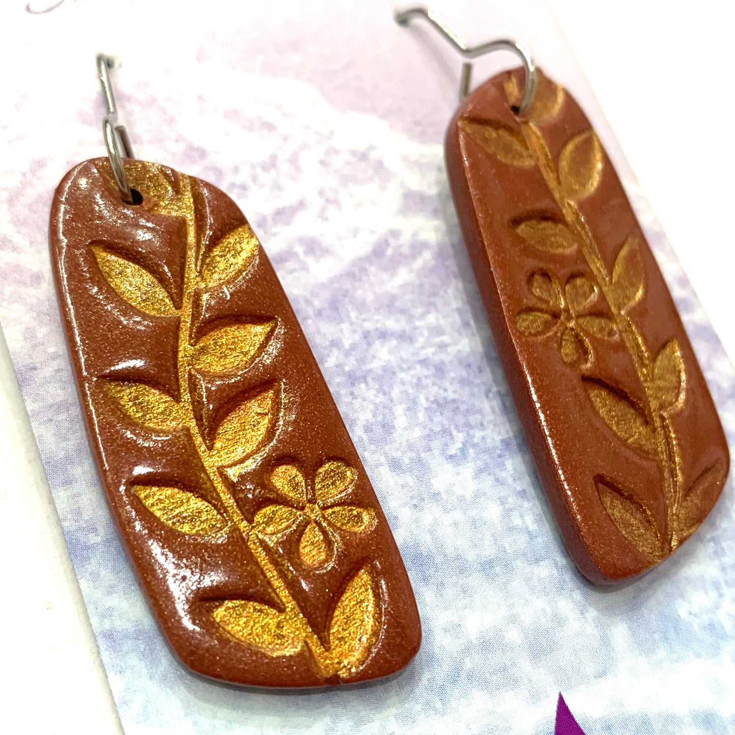 Sailvie Creations - Printed Terracotta & Gold Hook Dangle Earrings