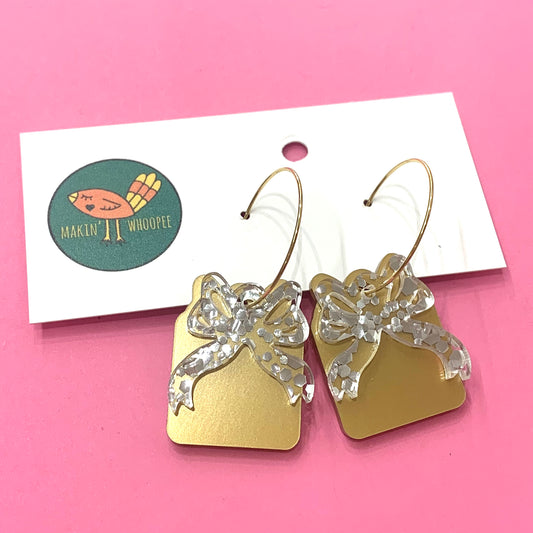 MAKIN' WHOOPEE - Small “Ribbons & Bows” CHRISTMAS HOOP DANGLES- Gold & Silver