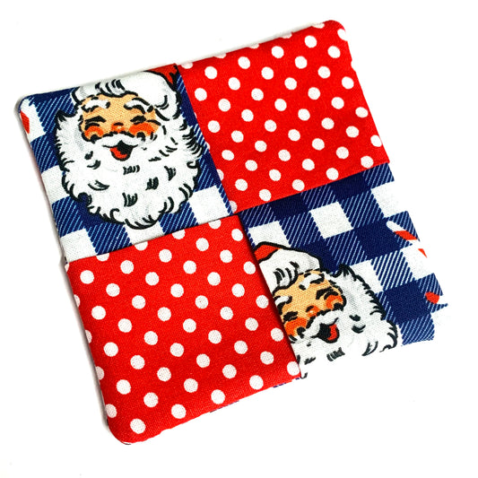 MUMMA WHOOPEE- SINGLE CHRISTMAS WINE GLASS SLIPPER/COASTERS- Blue Check Santa & Spots