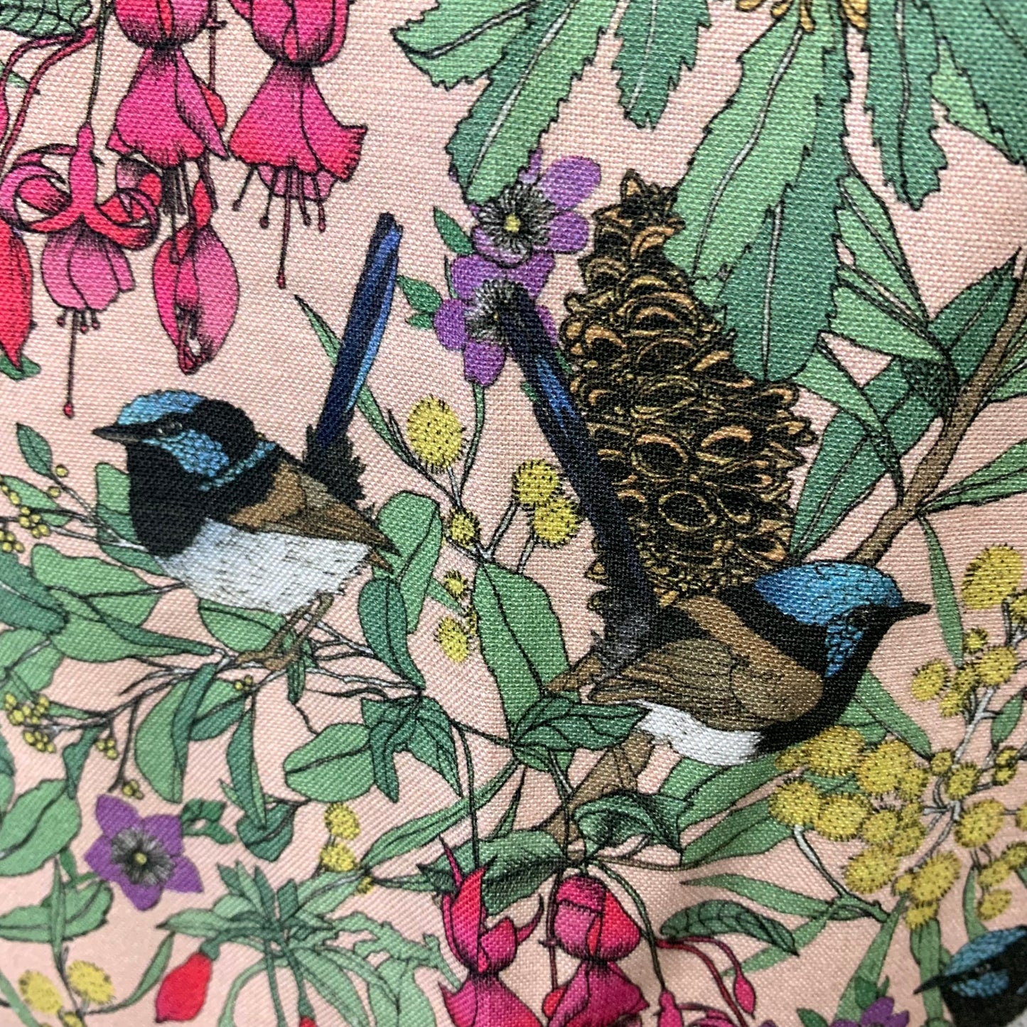 MUMMA WHOOPEE- "Fairy Wrens & Fuschia" Scenic Route Fabric- APRON