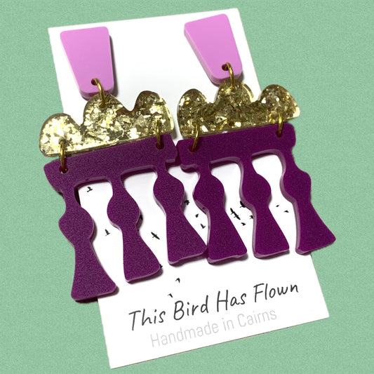 THIS BIRD HAS FLOWN - “Temple Earrings- Purple” STATEMENT DANGLE EARRINGS
