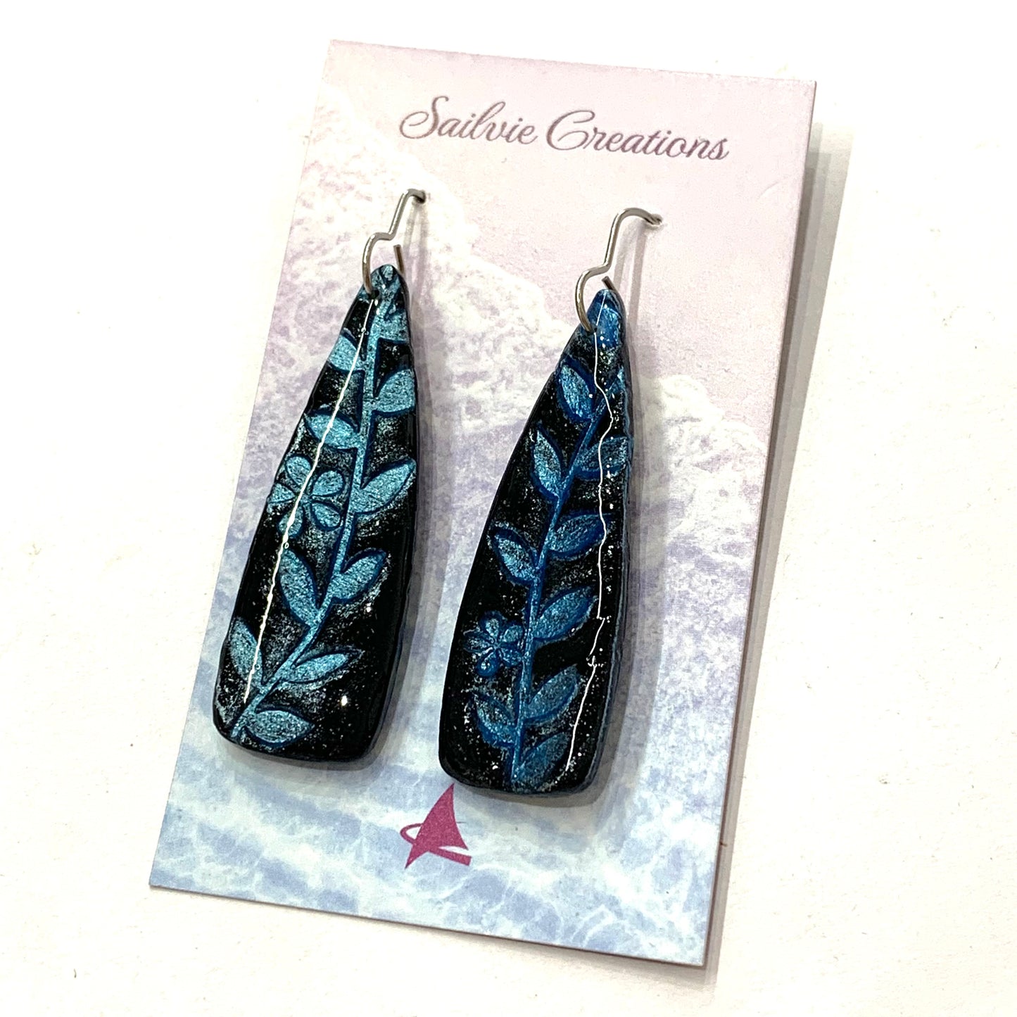 Sailvie Creations - Printed Black & Blue Hook Dangle Earrings