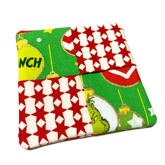 MUMMA WHOOPEE- SINGLE CHRISTMAS WINE GLASS SLIPPER/COASTERS- The Grinch & Red Stars