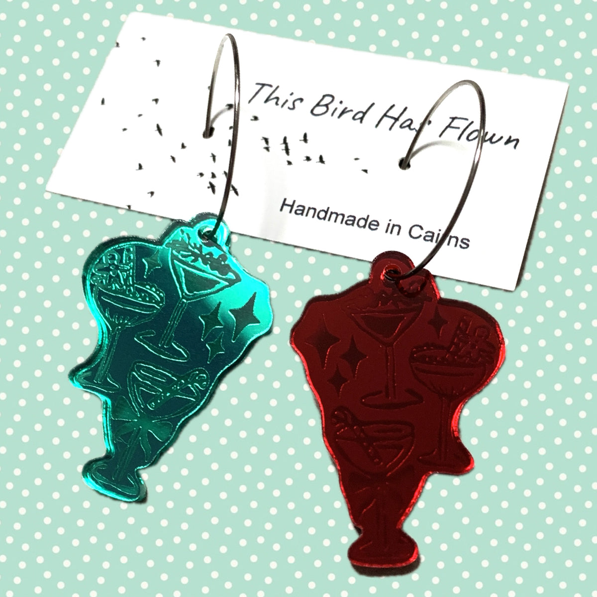 THIS BIRD HAS FLOWN - “Christmas Cocktails” MISMATCHED DANGLES- SILVER HOOPS