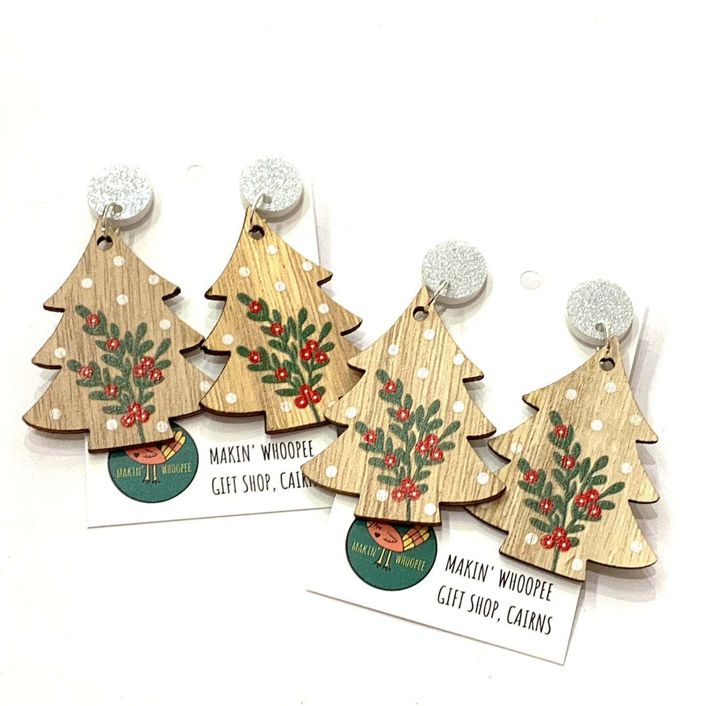 MAKIN' WHOOPEE - “Timber Trees- Silver Top” CHRISTMAS STUD DANGLES