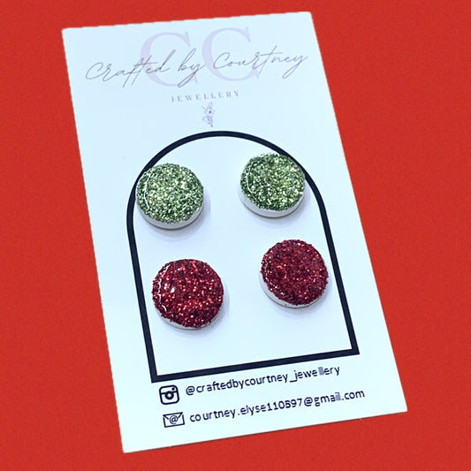 CRAFTED BY COURTNEY- Glitter Christmas Stud Pack- Green & Red