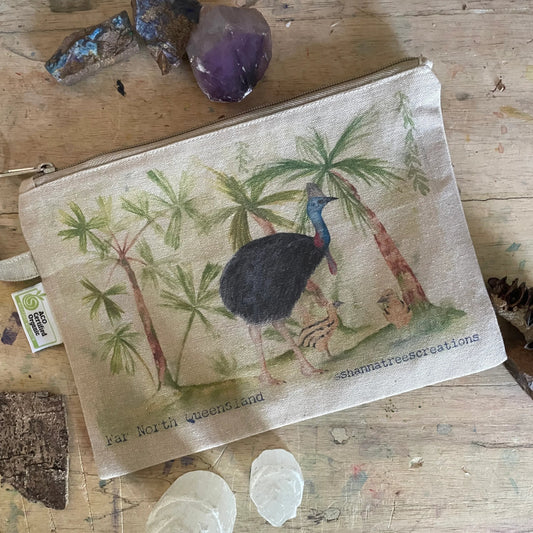 Shanna Trees Creations- "Cassowary & Chicks" Organic Cotton Zip Pouches- Natural