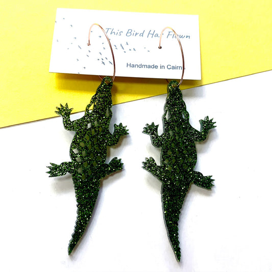 THIS BIRD HAS FLOWN - “Crocodile- Green Glitter” HOOP DANGLE EARRINGS