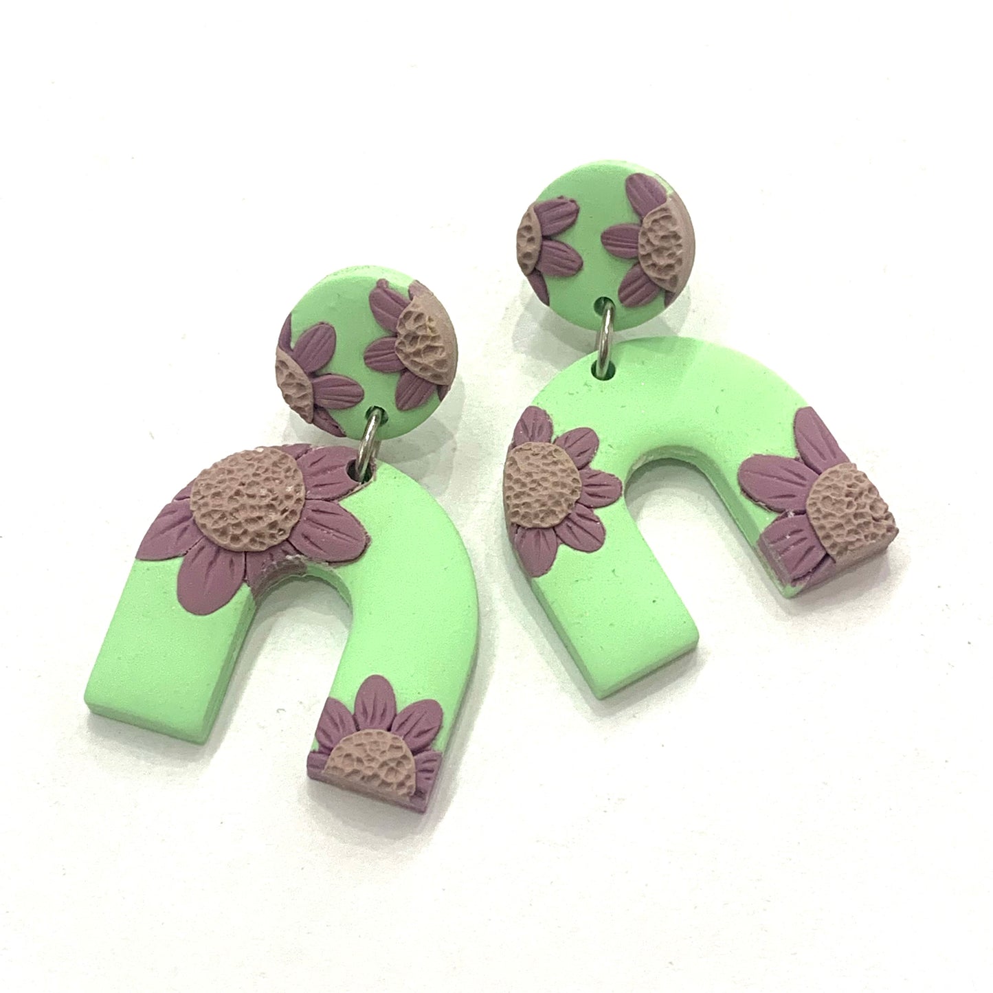 CRAFTED BY COURTNEY- Circle & Arch Dangles- Green & Purple Flowers