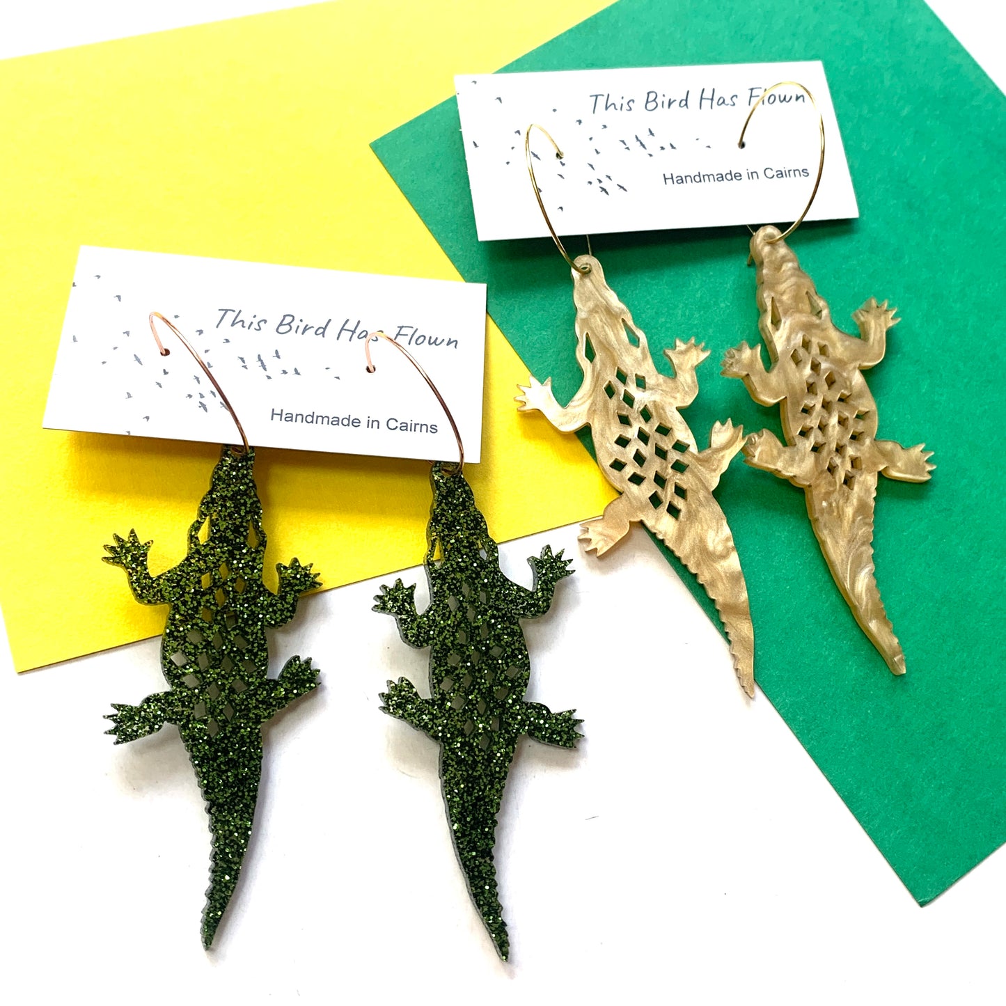 THIS BIRD HAS FLOWN - “Crocodile- Green Glitter” HOOP DANGLE EARRINGS
