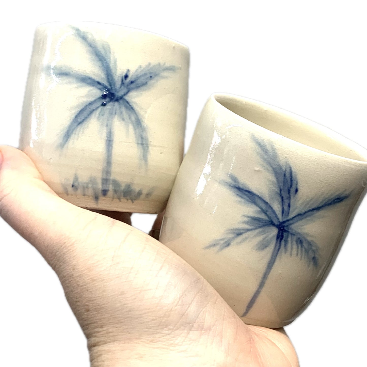 EARTH BY HAND- Espresso/Piccolo Cups- White Clay with Blue Palm Trees
