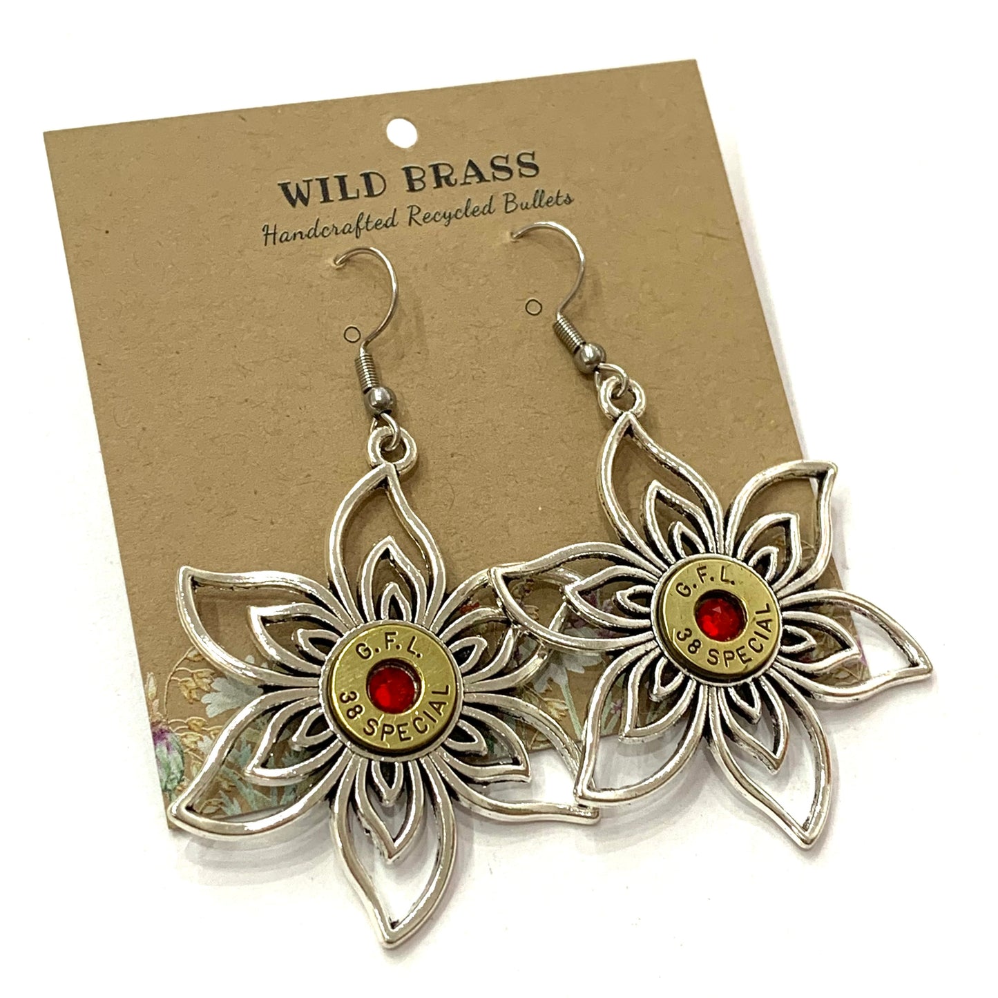 WILD BRASS- Flower Drops- Red Swarovski Crystal