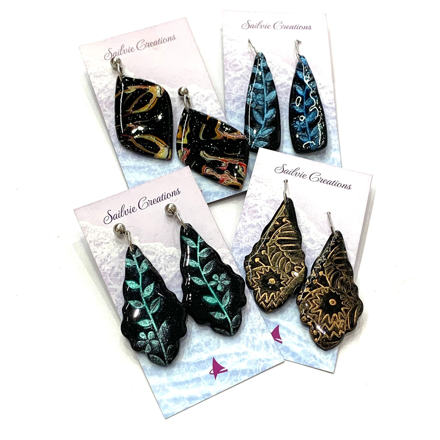 Sailvie Creations - Printed Black & Blue Hook Dangle Earrings