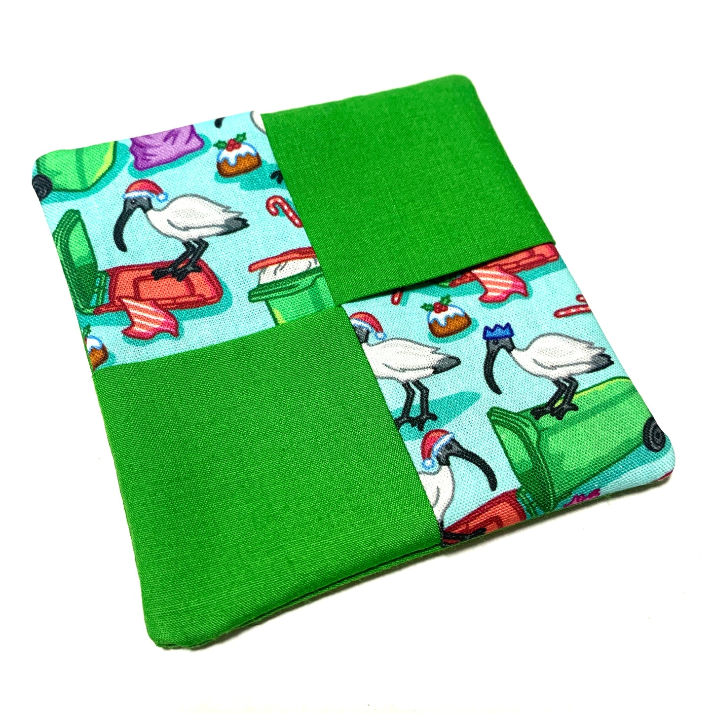 MUMMA WHOOPEE- SINGLE CHRISTMAS WINE GLASS SLIPPER/COASTERS- Christmas Bin Chickens & Green