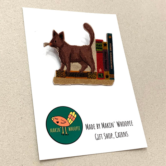 THIS BIRD HAS FLOWN- Bookend  Brown Cat- Literary Kitty Brooch