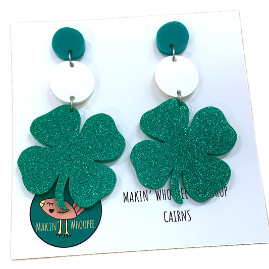 MAKIN' WHOOPEE - Big Emerald Four Leaf Clovers- 3 Piece Stud Dangle Earrings