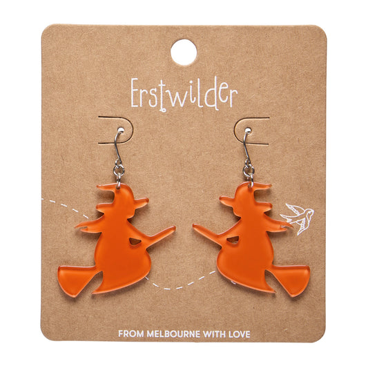 ERSTWILDER - Flying Witch Drop Earrings: Orange - HAUNTED AT HEART- HALLOWEEN COLLECTION