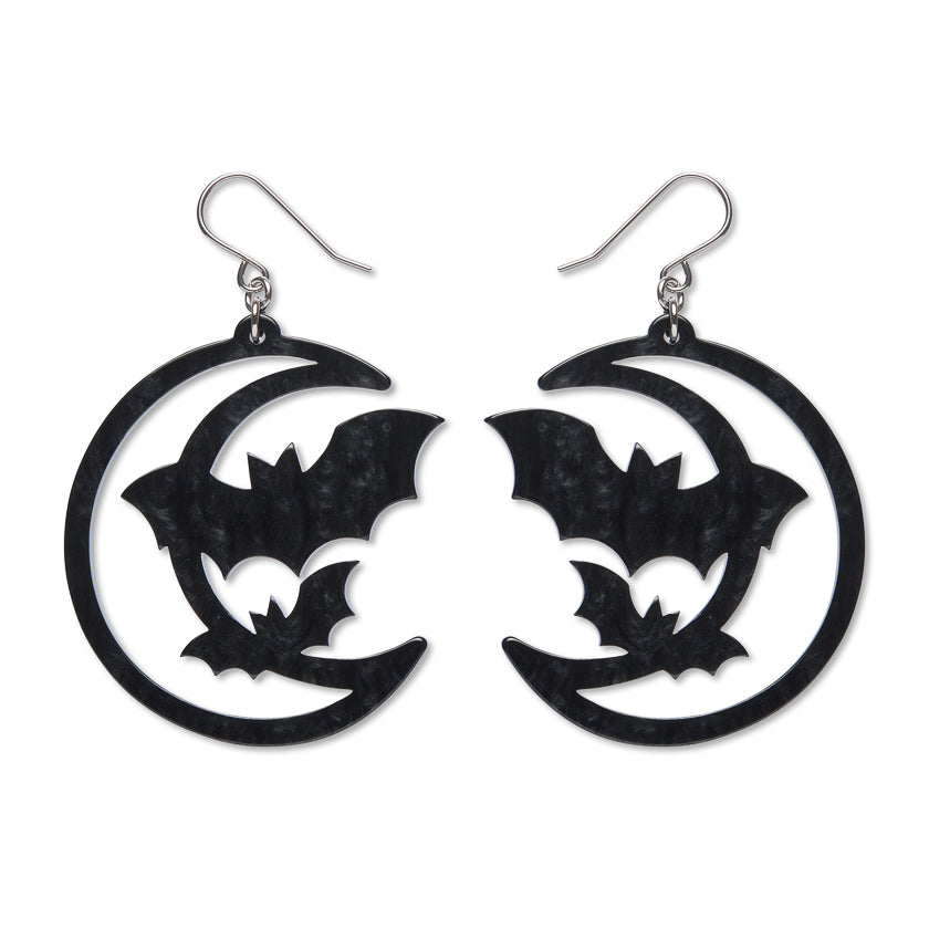 ERSTWILDER - Moon & Bats Drop Earrings - Black - Midnight Mischief