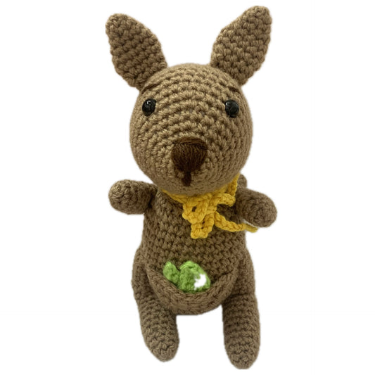 BEAKNITS- Crochet Kangaroo- Yellow Bow with Gum Leaf