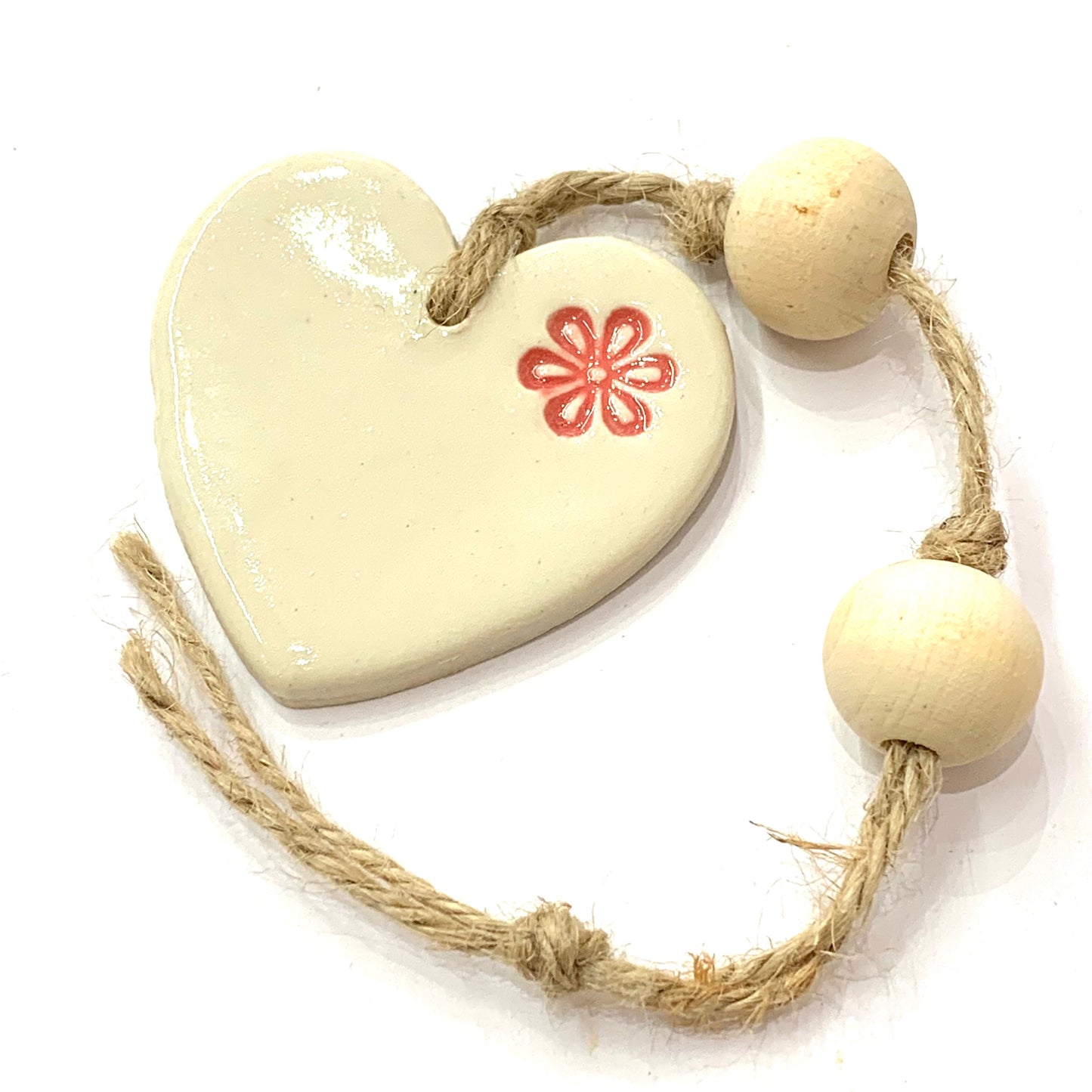 EARTH BY HAND- Clay Heart Decorations- Stamped Flower & Two Beads