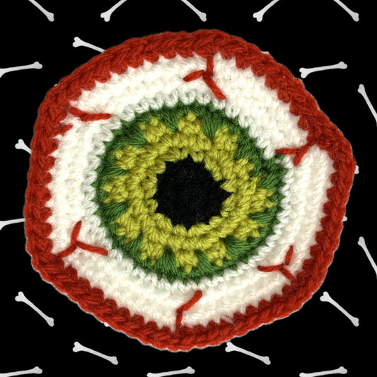 BEAKNITS- "GREEN EYEBALL"- CROCHETED HALLOWEEN COASTER