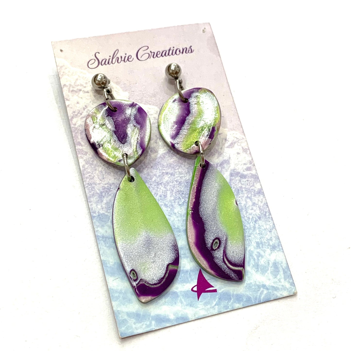 Sailvie Creations - Purple/Green Double Ball Stud Dangle Earrings