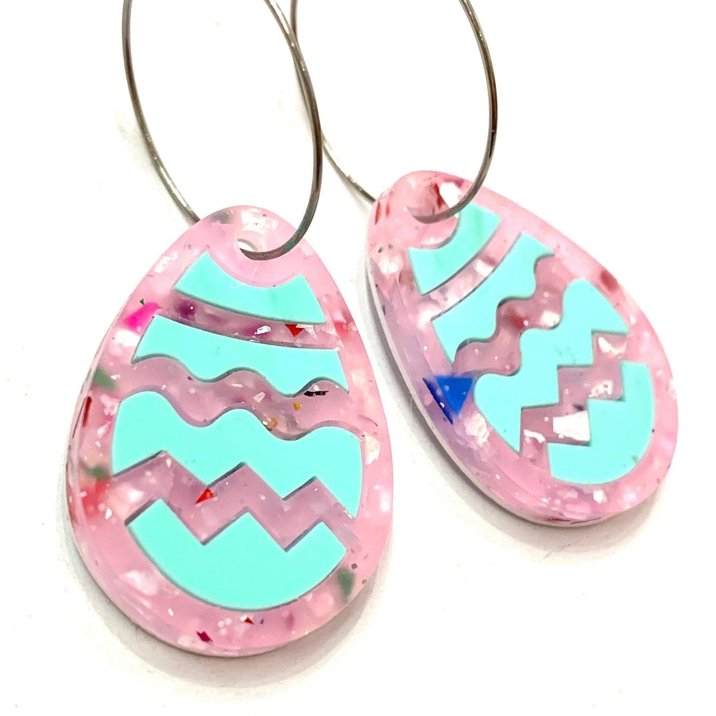 MAKIN' WHOOPEE - "Stacked Easter Egg" HOOP DANGLE EARRINGS - Pink & Mint