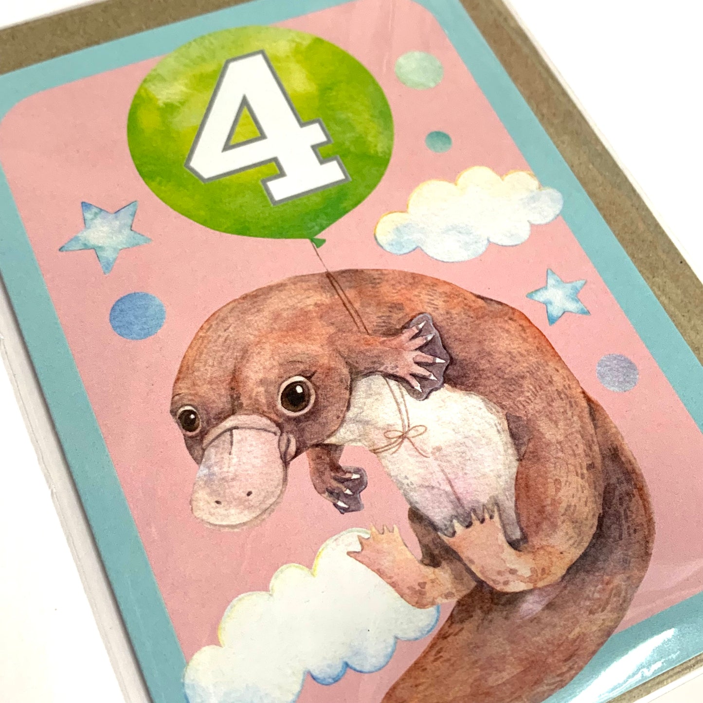 WATERCOLOURS BY CAT- "Four - Platypus"- Australian Animal Kids Age Card