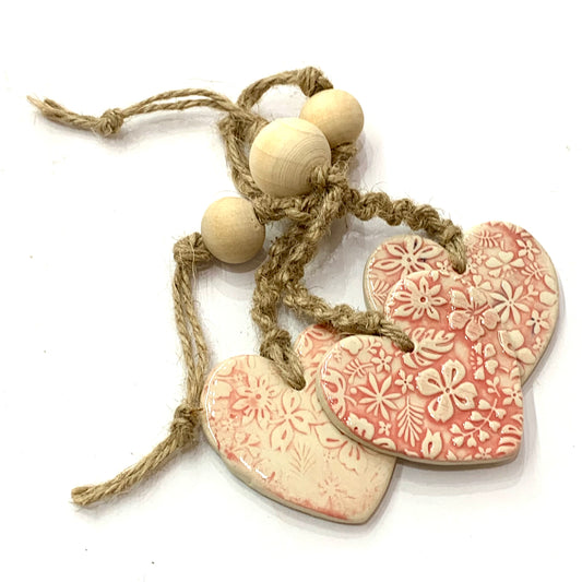 EARTH BY HAND- Clay Heart Decorations- Red Embossed, Knotted Cord & One Bead