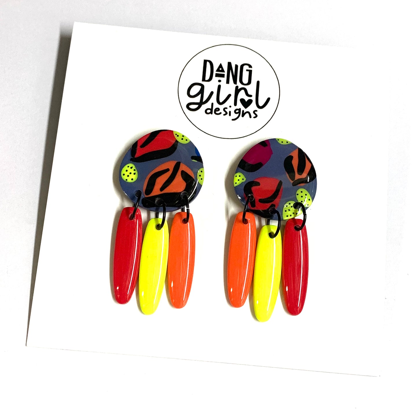 Dang Girl Designs - Neon Amazon Triple Drop Earrings Stud Dangles