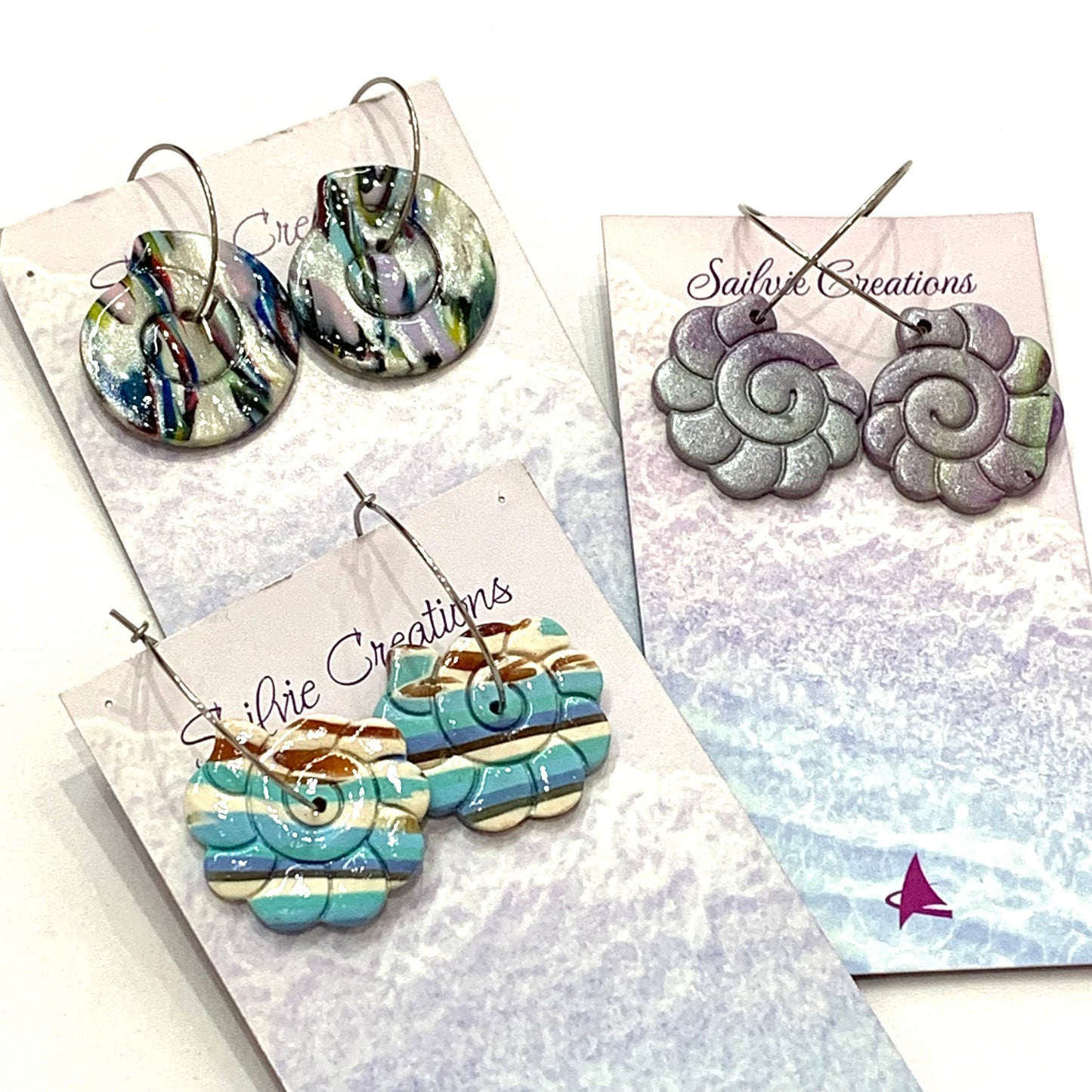 Sailvie Creations - Silver/ Purple Shell Hoop Dangle Earrings