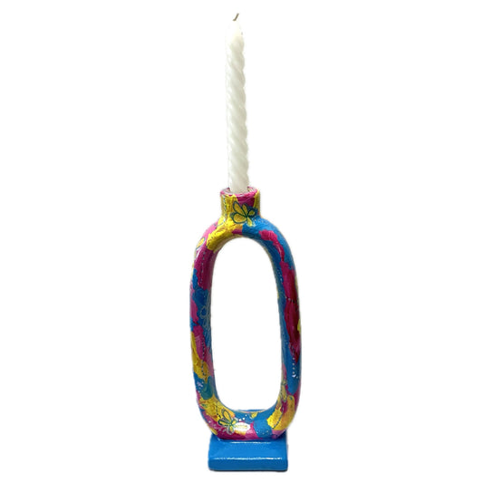 MAKIN' WHOOPEE - Tall Candle Holder- Pink, Blue & Yellow Abstract Floral