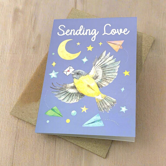 WATERCOLOURS BY CAT- Sending Love Greeting Card- Bird & Paper Planes