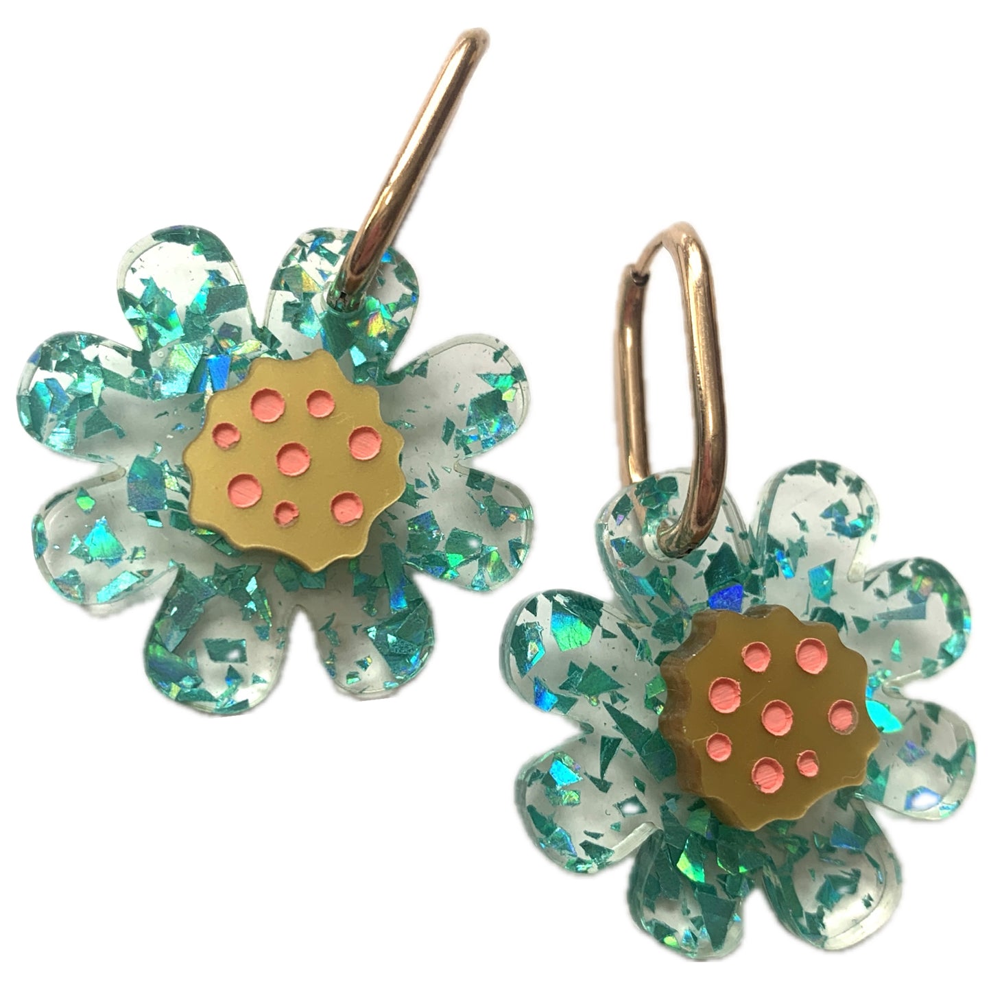 THIS BIRD HAS FLOWN - “Glitter Blooms- Aqua” HUGGIE HOOP CHARM EARRINGS