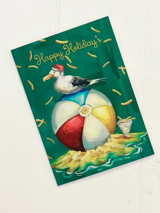 HAYLEY GILLESPIE - A SEASIDE CHRISTMAS CARD- Seagull and chippies (Green)