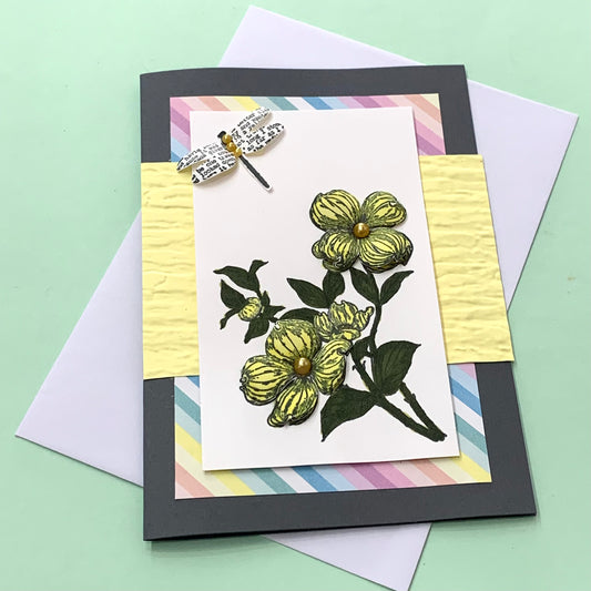 PAPER POSSUM- HANDMADE GREETING CARD- Flowers & Dragonfly-Yellow