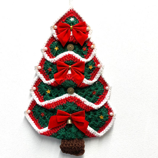 BEAKNITS- Hanging Crochet Christmas Tree Wall Decoration- Green with White