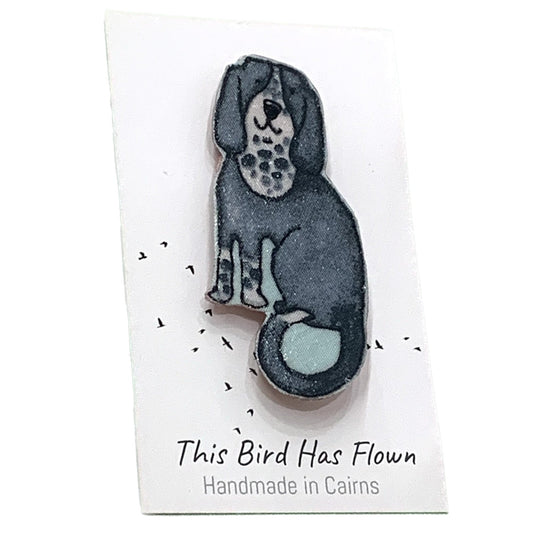 THIS BIRD HAS FLOWN- Fabric Remnant Brooches- Floppy Eared Grey Dog
