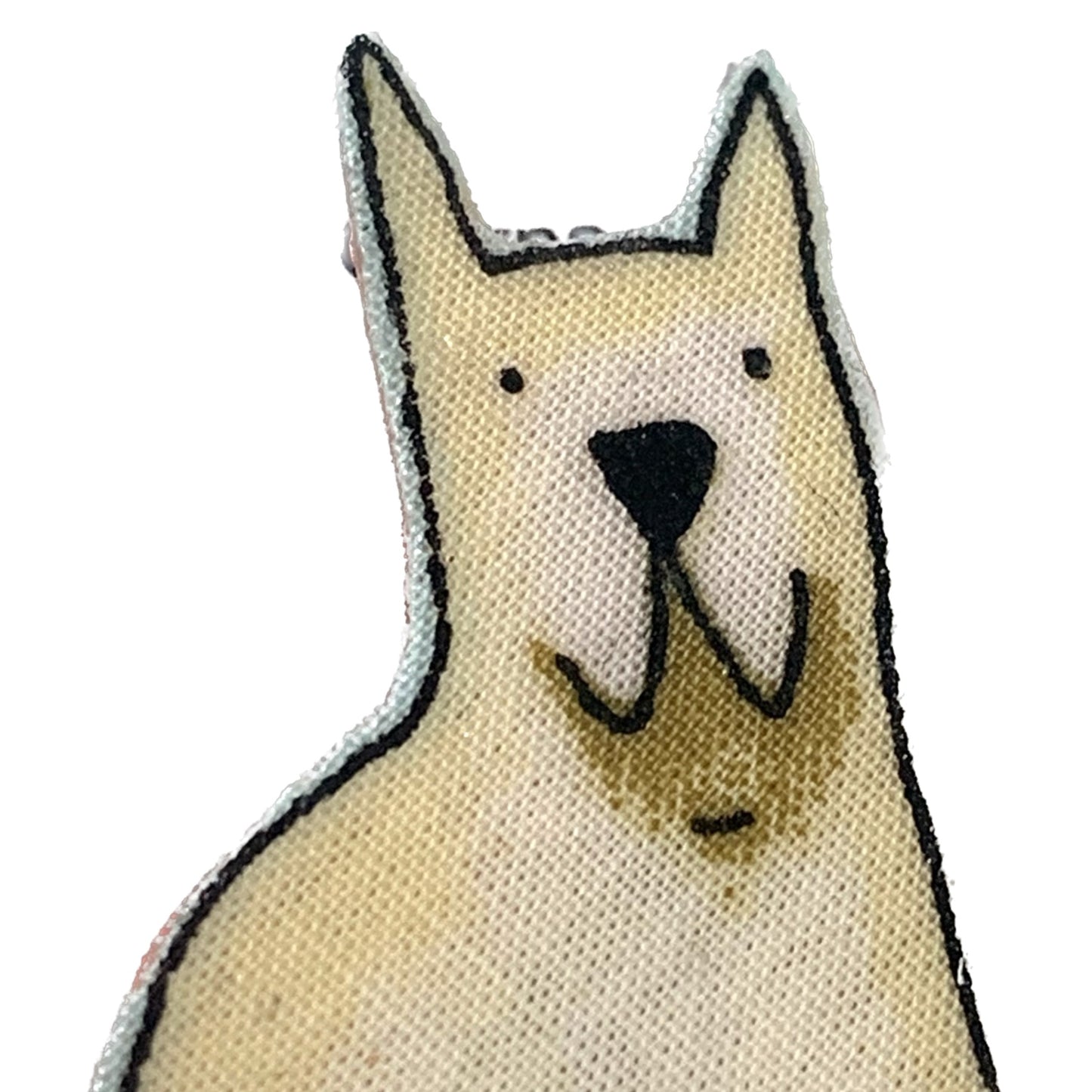 THIS BIRD HAS FLOWN- Fabric Remnant Brooches- Shaggy Tailed White Dog