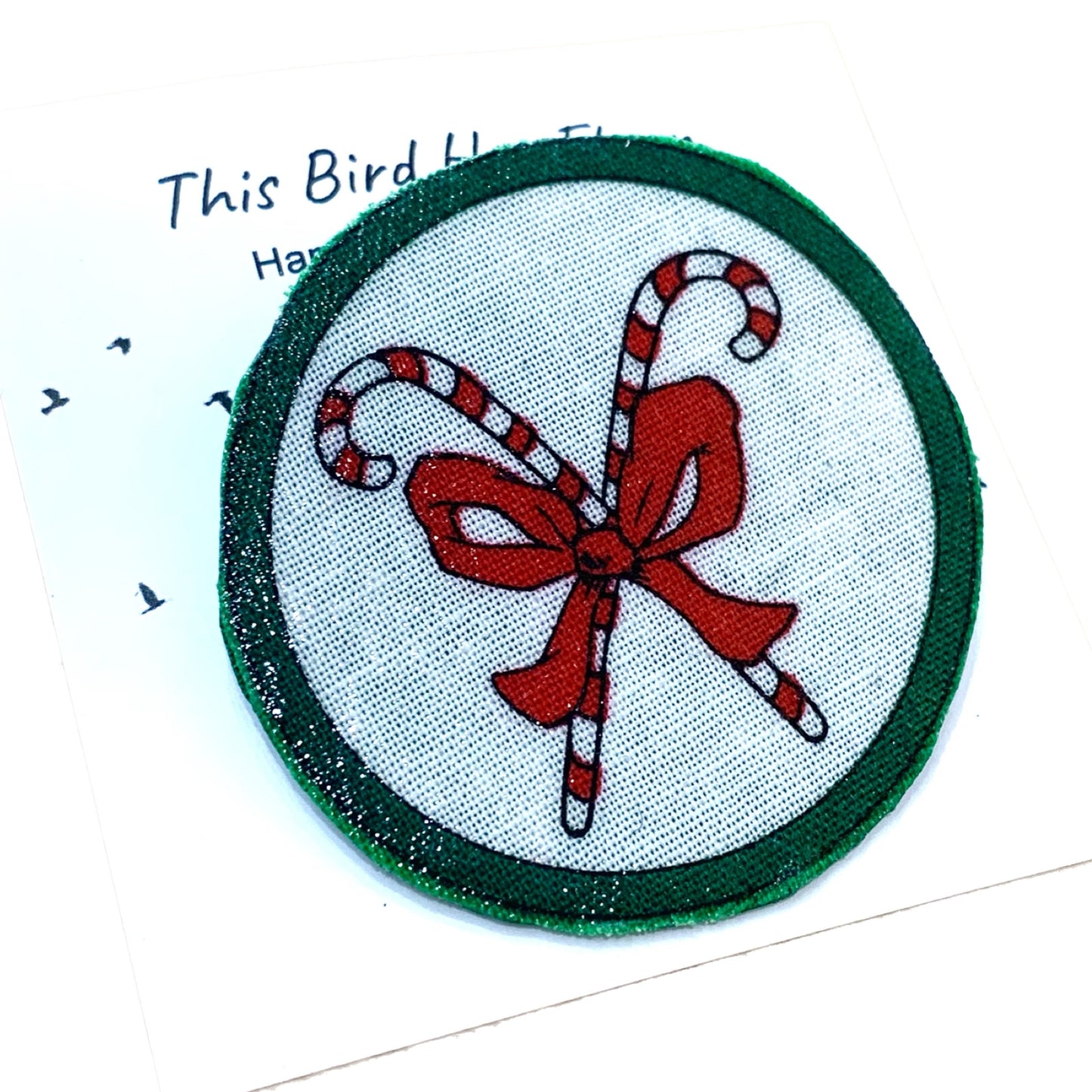 THIS BIRD HAS FLOWN- Candy Cane Fabric Remnant Christmas Brooches