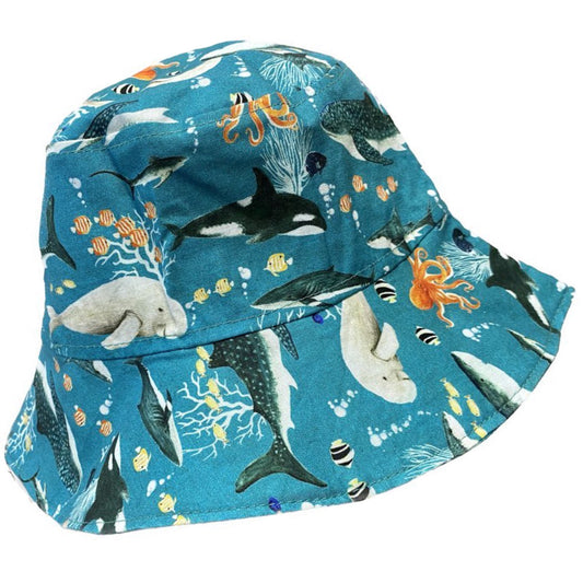 Teacups n Quilts- Whale Sharks, Dugongs & Octopi Fabric Hat - Kids Size Small