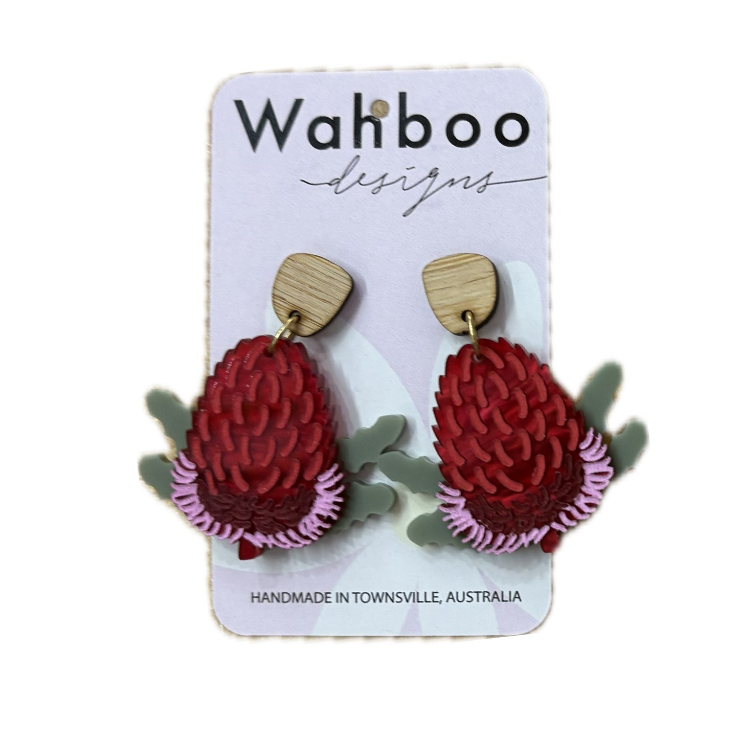 WAHBOO- Dark Pink Banksia Stud Dangle Earrings