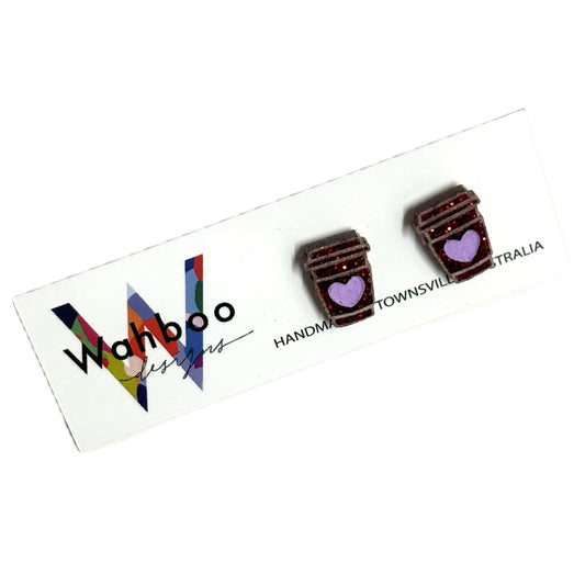 WAHBOO- Coffee Takeaway Cup Stud Earrings - Red and Purple