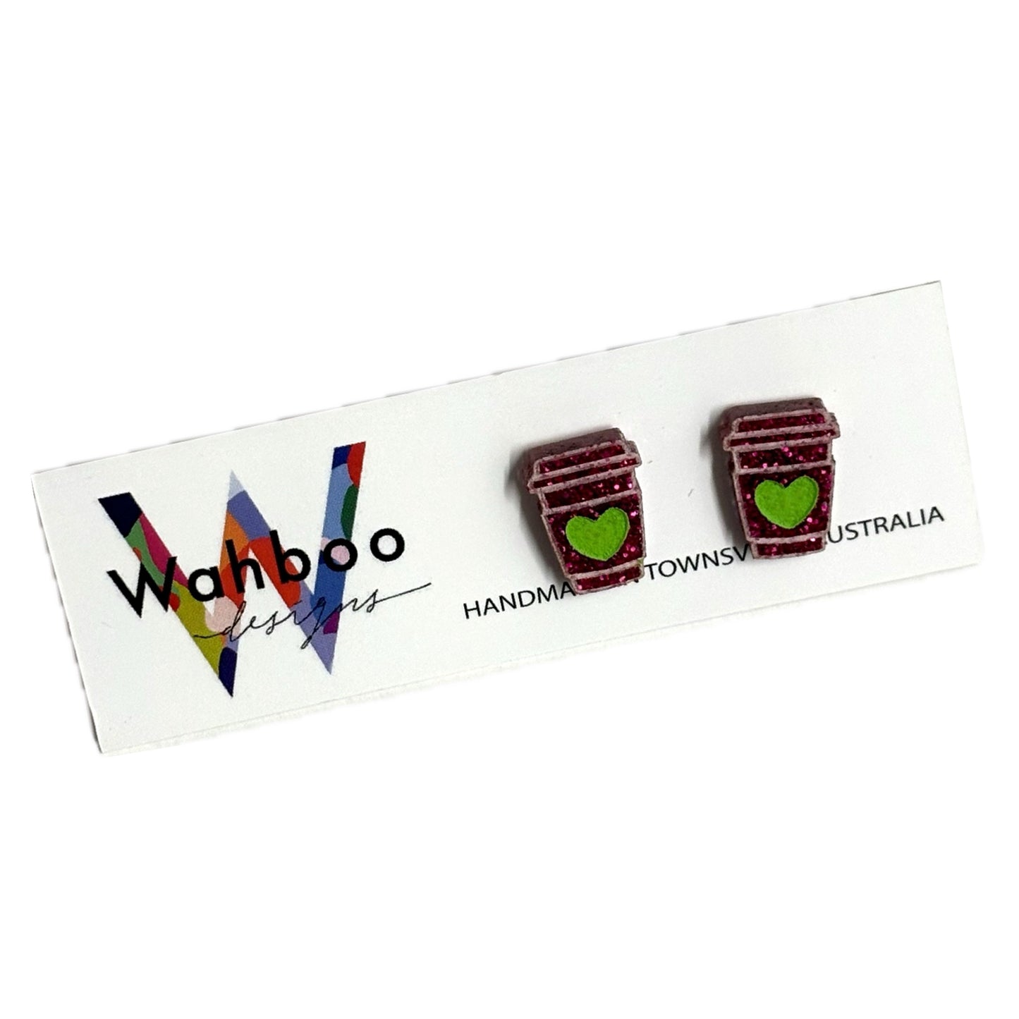 WAHBOO- Coffee Takeaway Cup Stud Earrings - Pink and Green
